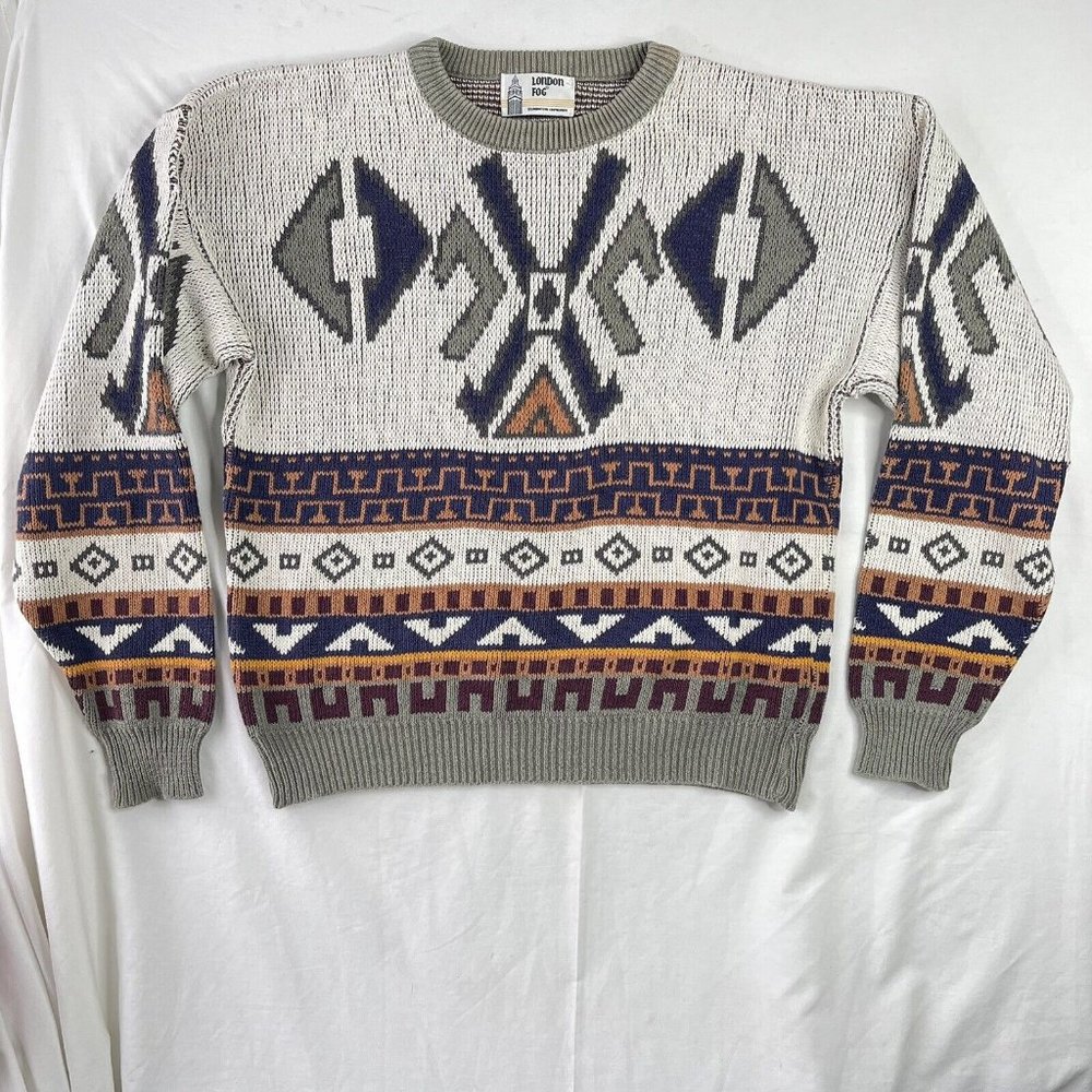 vtg London Fog Cable Sweater Men's Medium Multicolor Geometric Cotton 80s